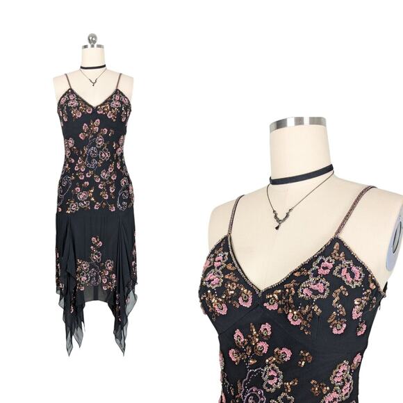 Vintage Sue Wong Prom Dress Midi Gown 10 Black Pink Silk Fairy Y2K Whimsigoth - Picture 1 of 13